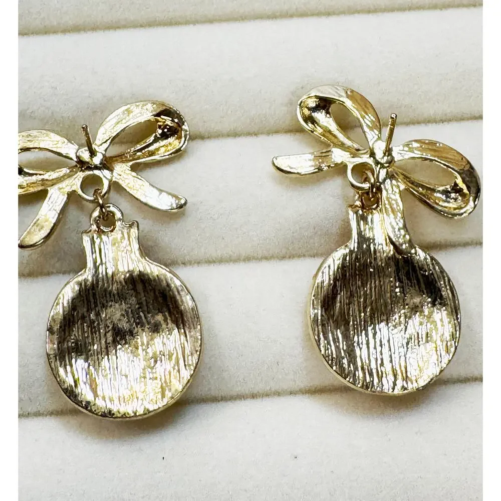 Christmas Ornament Bow Earrings Gold Tone Red Rhinestone Faux Pearl Posts 1.5